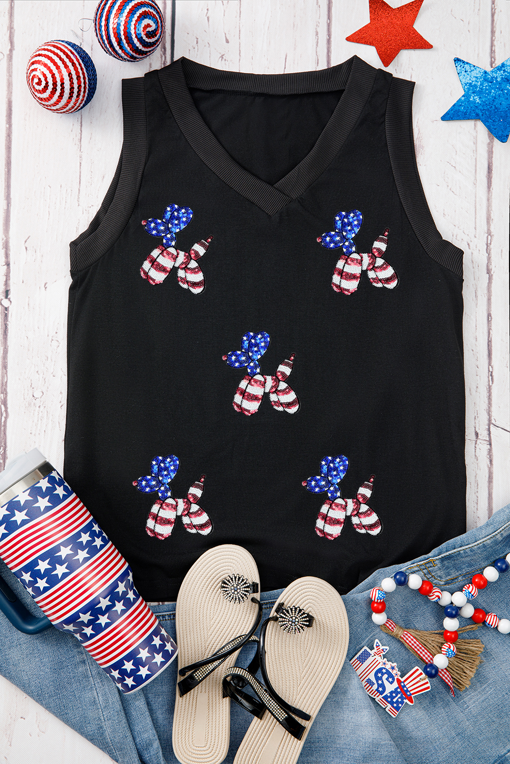 Black Flag Pattern Sequined Balloon Dog Graphic Loose Tank Top - loveforevers