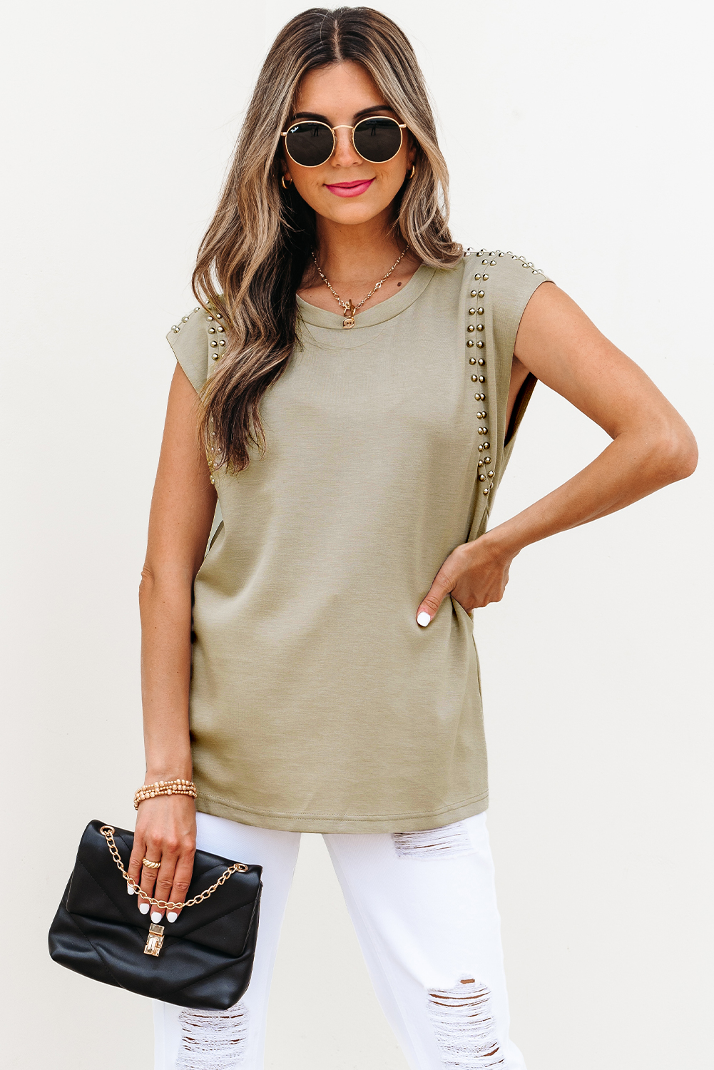 Sage Green Studded Cap Sleeve Round Neck T Shirt - loveforevers