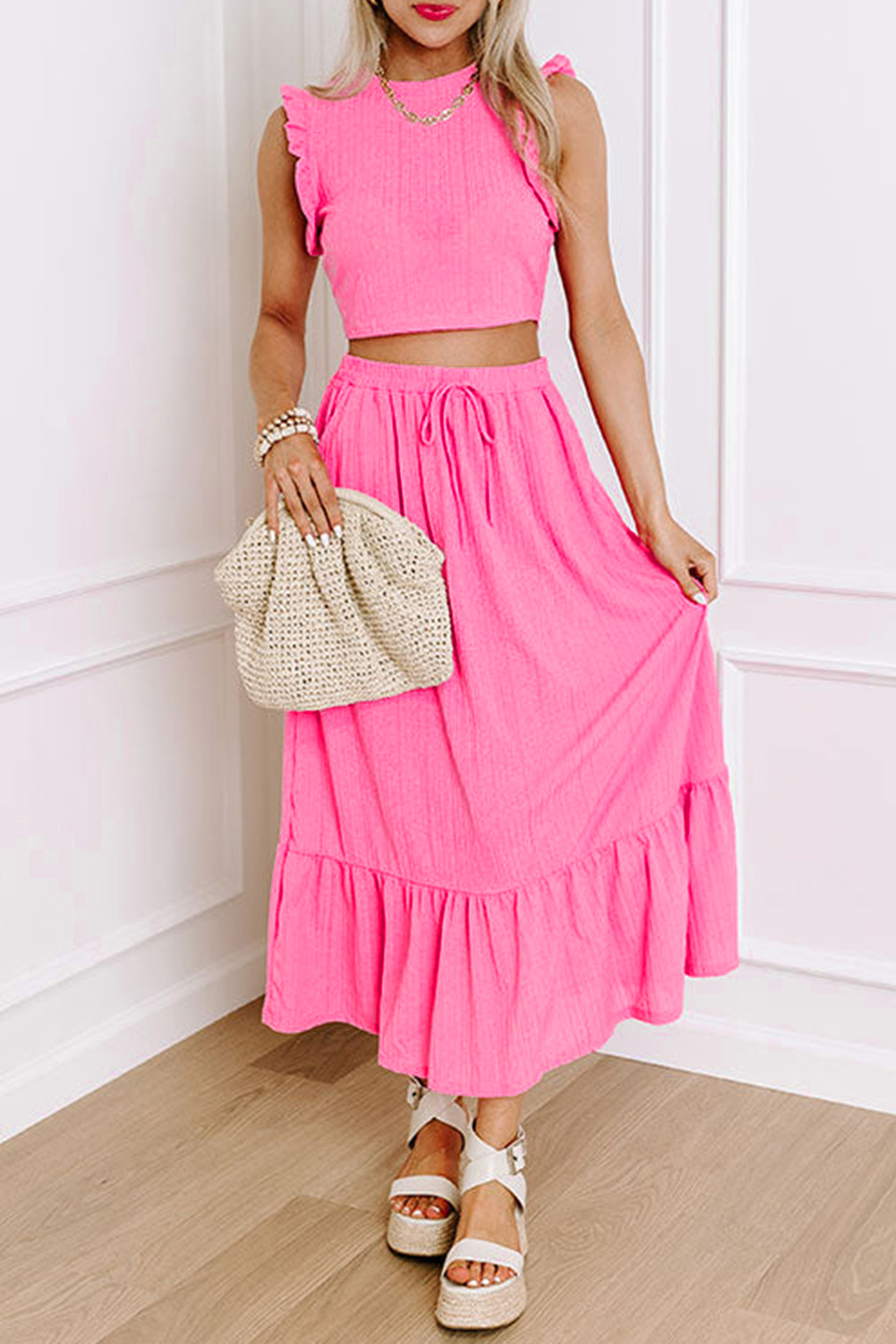 Bonbon Textured Ruffle Trim Crop Vest Lace-up Long Skirt Set - loveforevers