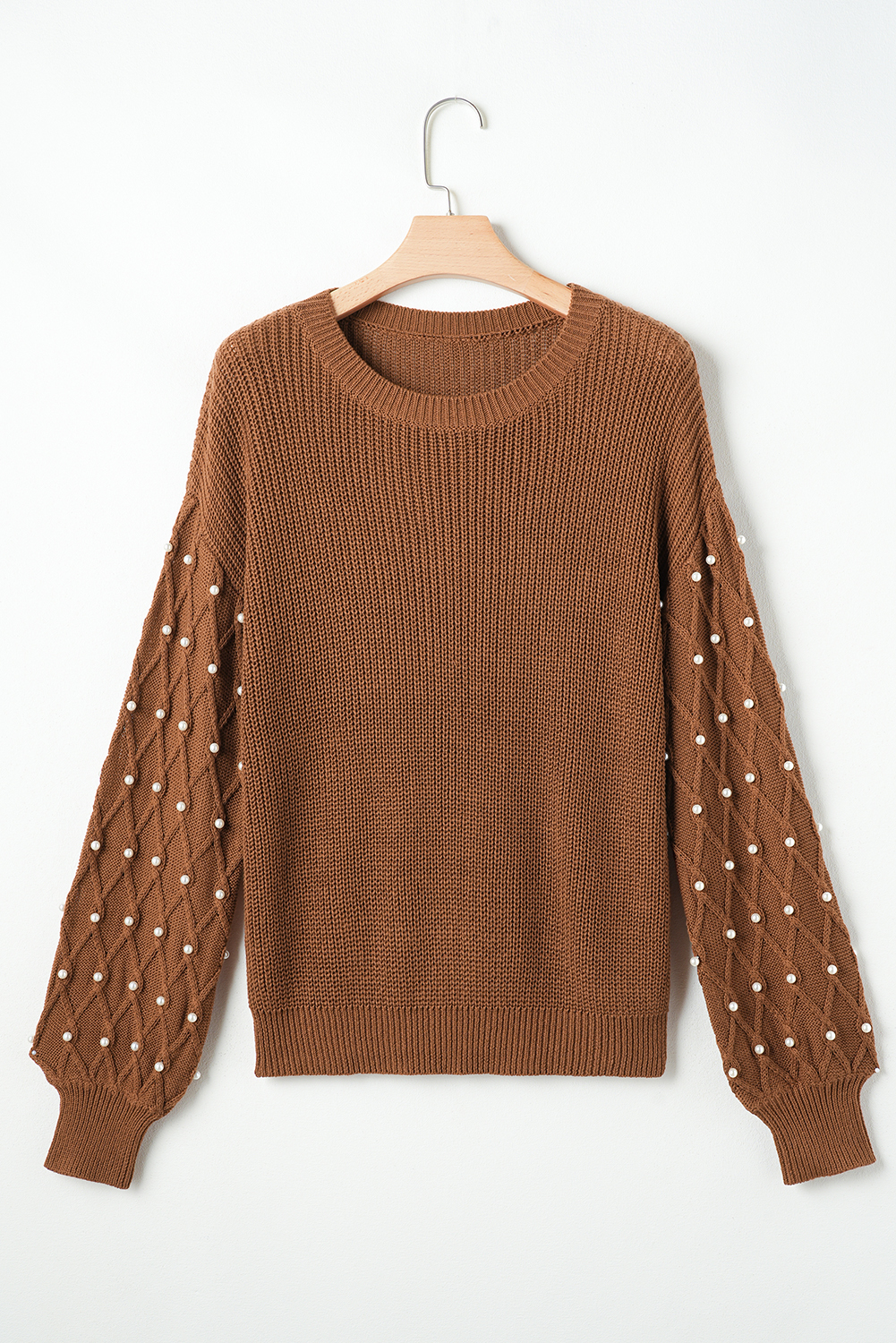 Chestnut Beaded Drop Shoulder Round Neck Sweater - loveforevers
