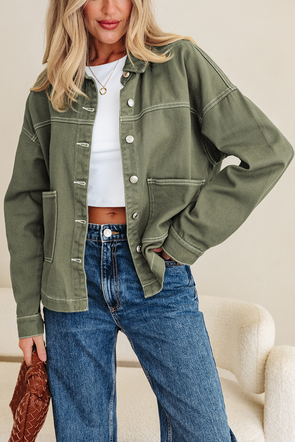 Smoke Green Patched Pocket Collared Button Front Boyfriend Denim Jacket - loveforevers