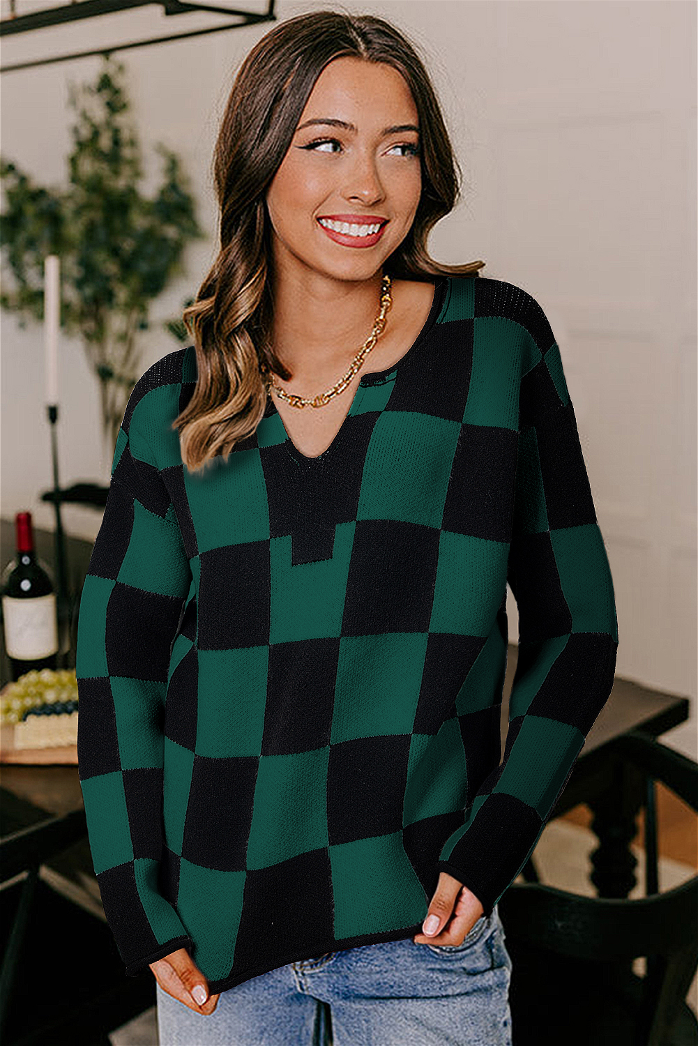 Black Checked Notched Neckline Drop Shoulder Knit Sweater - loveforevers