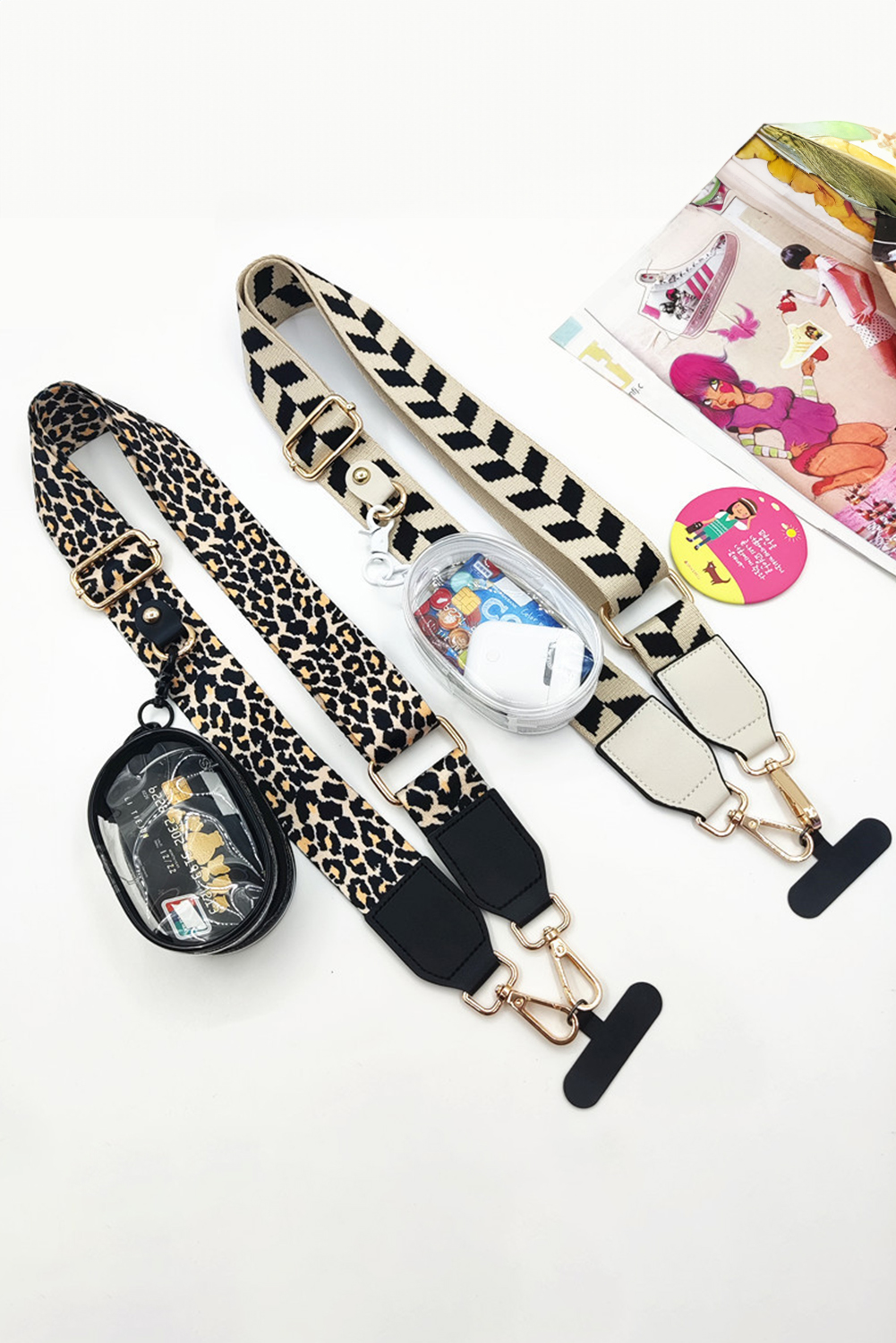Black Leopard Adjustable Phone Hanging Shoulder Strap with Pouch - loveforevers