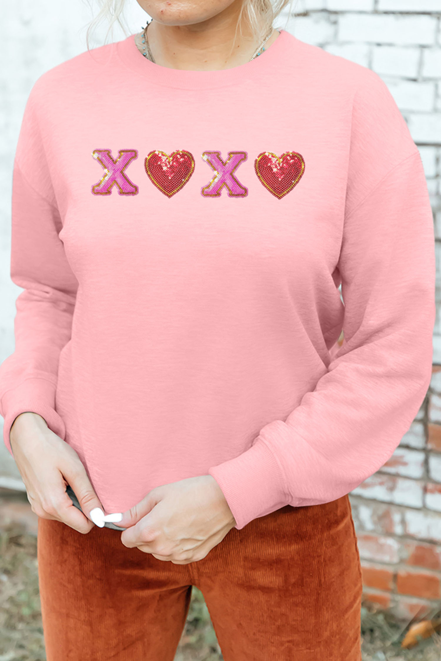 Pink XOXO Sequin Heart Patched Valentines Day Drop Shoulder Sweatshirt - loveforevers