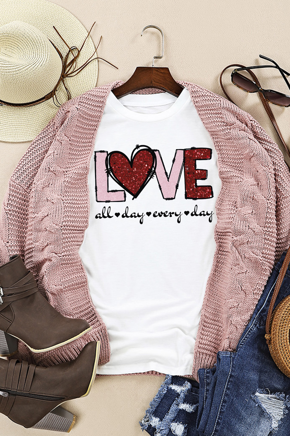 White Valentine LOVE Heart Shape Crew Neck Graphic Tee - loveforevers
