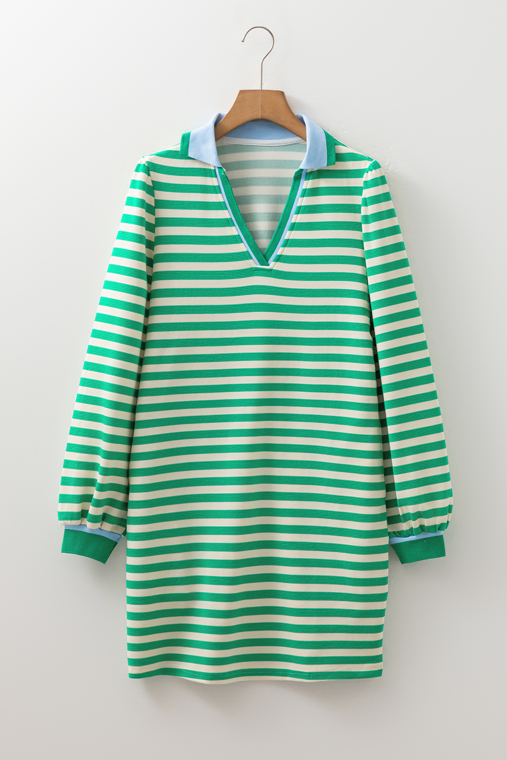 Green Striped Contrast Collar Split Neck Long Sleeve Mini Dress - loveforevers