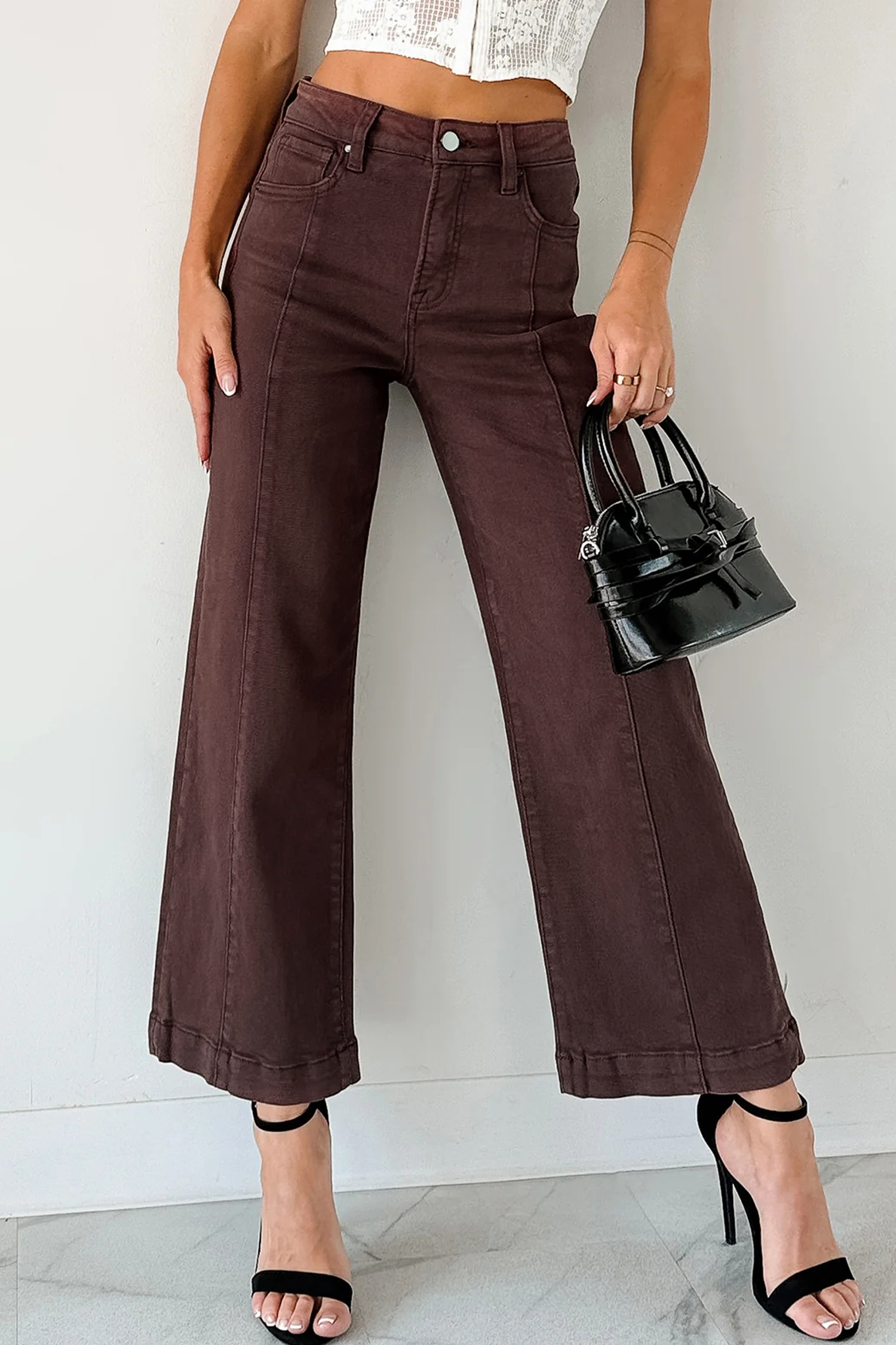 Apricot Solid Color Seamed Center Wide Leg Cropped Jeans - loveforevers