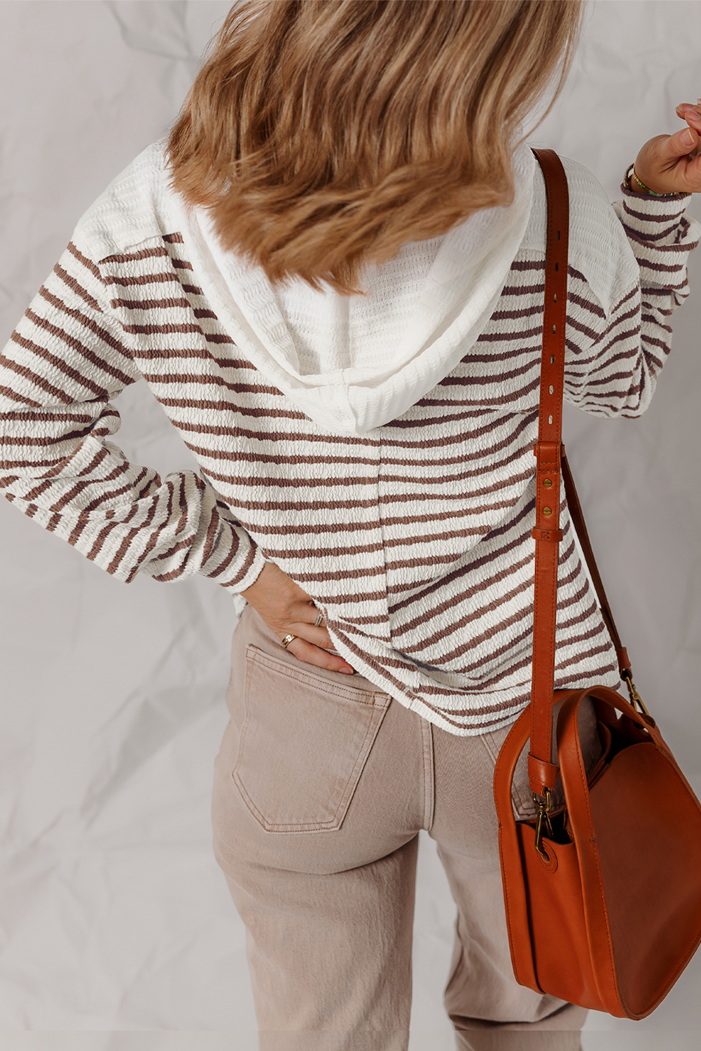 Khaki Stripe Textured Hooded V Neck Casual Long Sleeve Top - loveforevers
