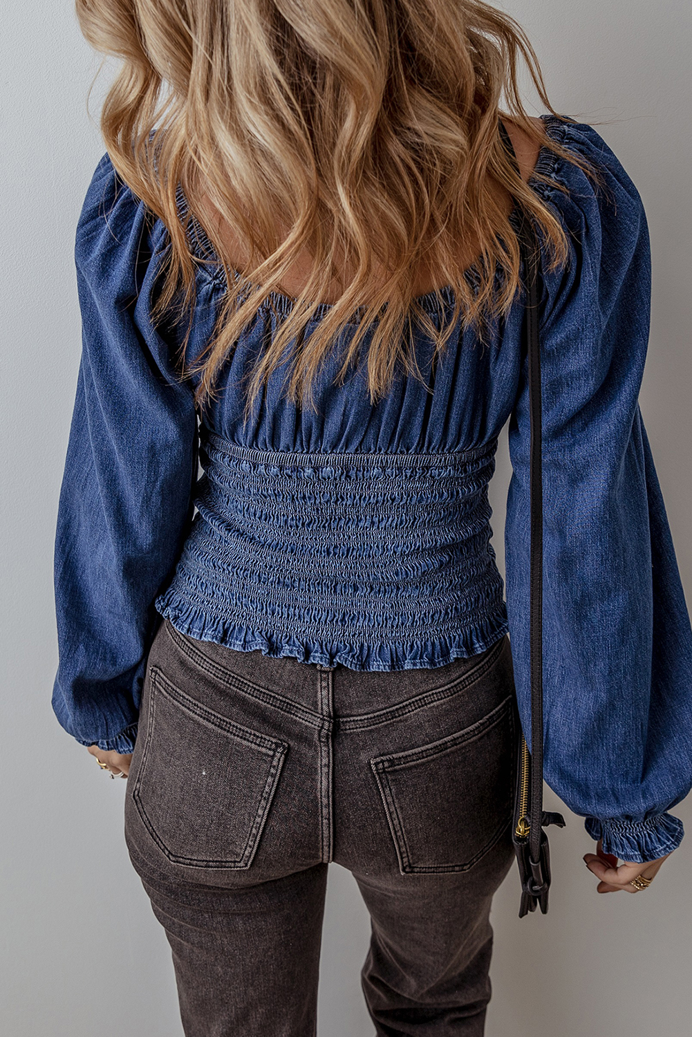 Dark Blue Smocked Ruffled Puff Sleeve V Neck Denim Blouse - loveforevers