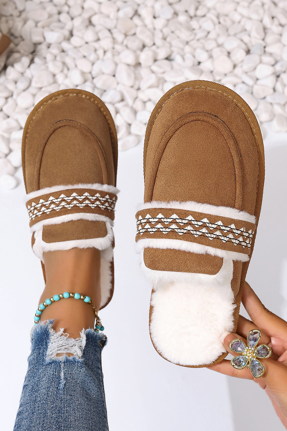 Chestnut Suede Wavy Striped Plush Lined Slippers (Run Small, Size Up) - loveforevers