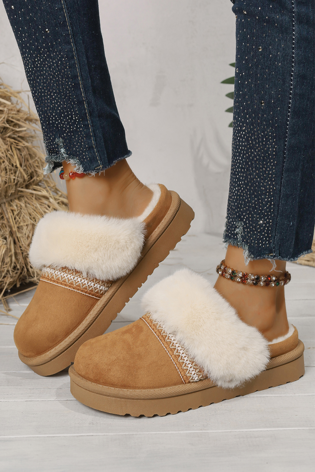 White Faux Suede Plush Trim Ethnic Mule Slippers - loveforevers