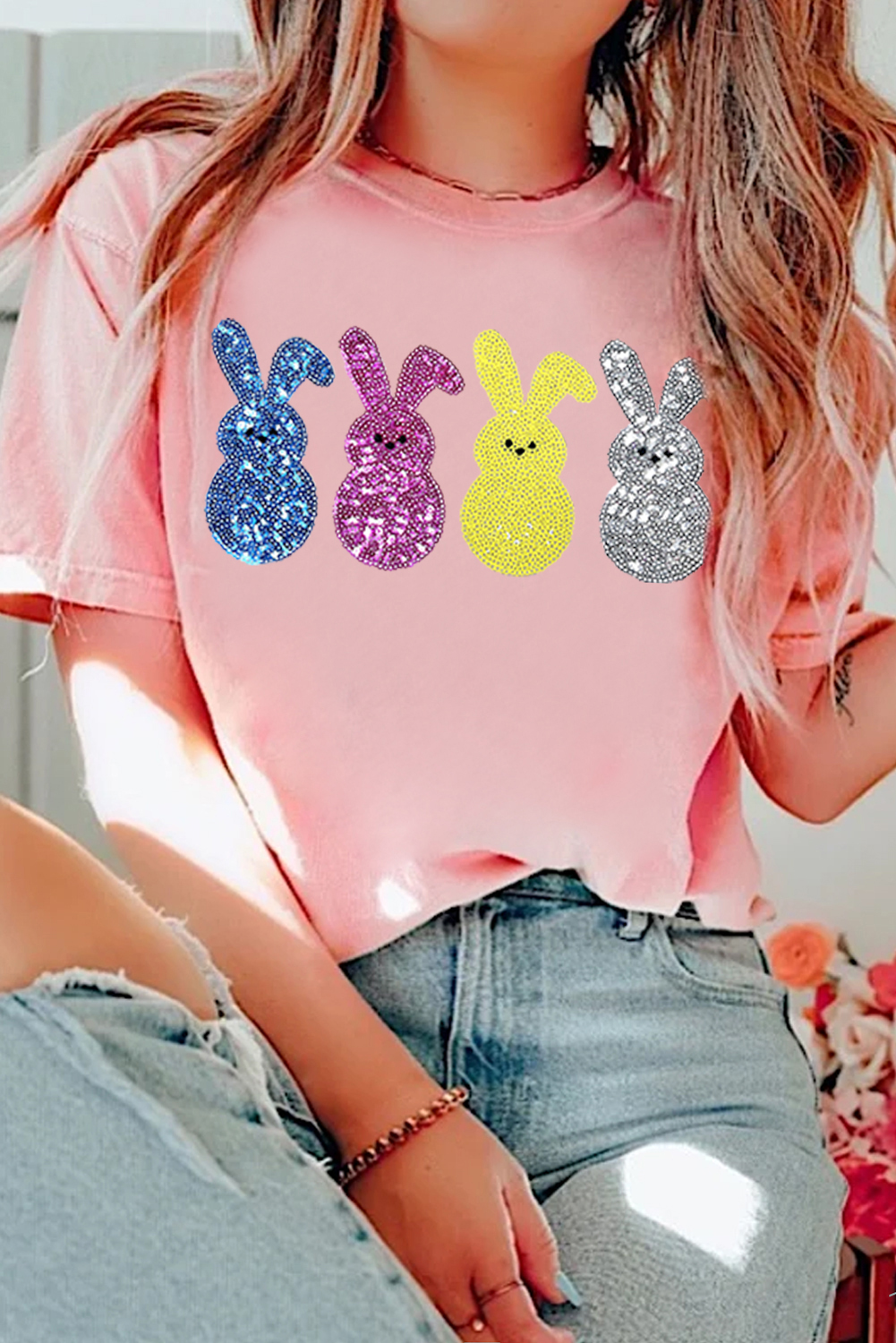 Pink Sequin Cute Bunny Graphic Easter Fashion Tee - loveforevers