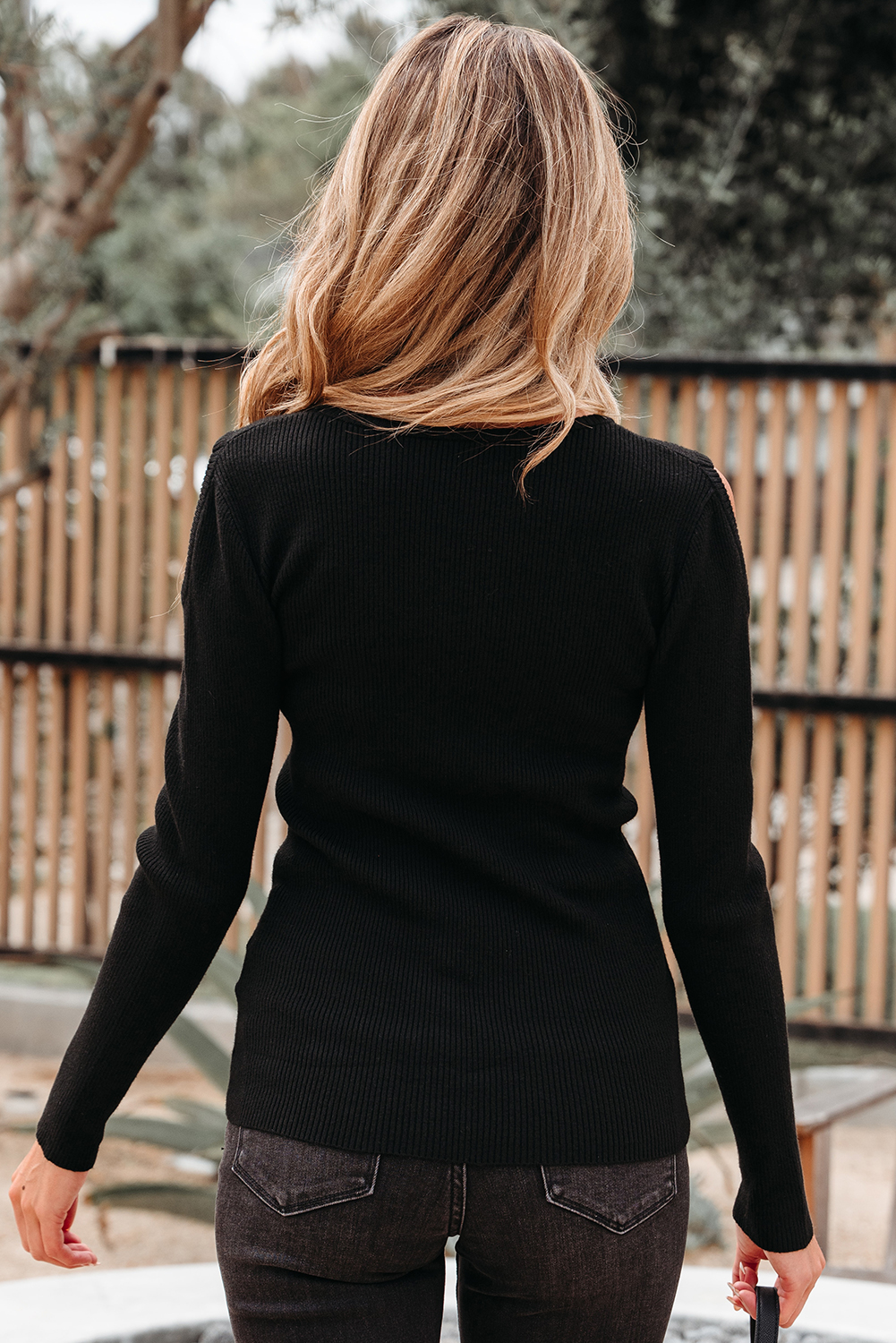 Black Ribbed Knit Cold Shoulder Sweater - loveforevers