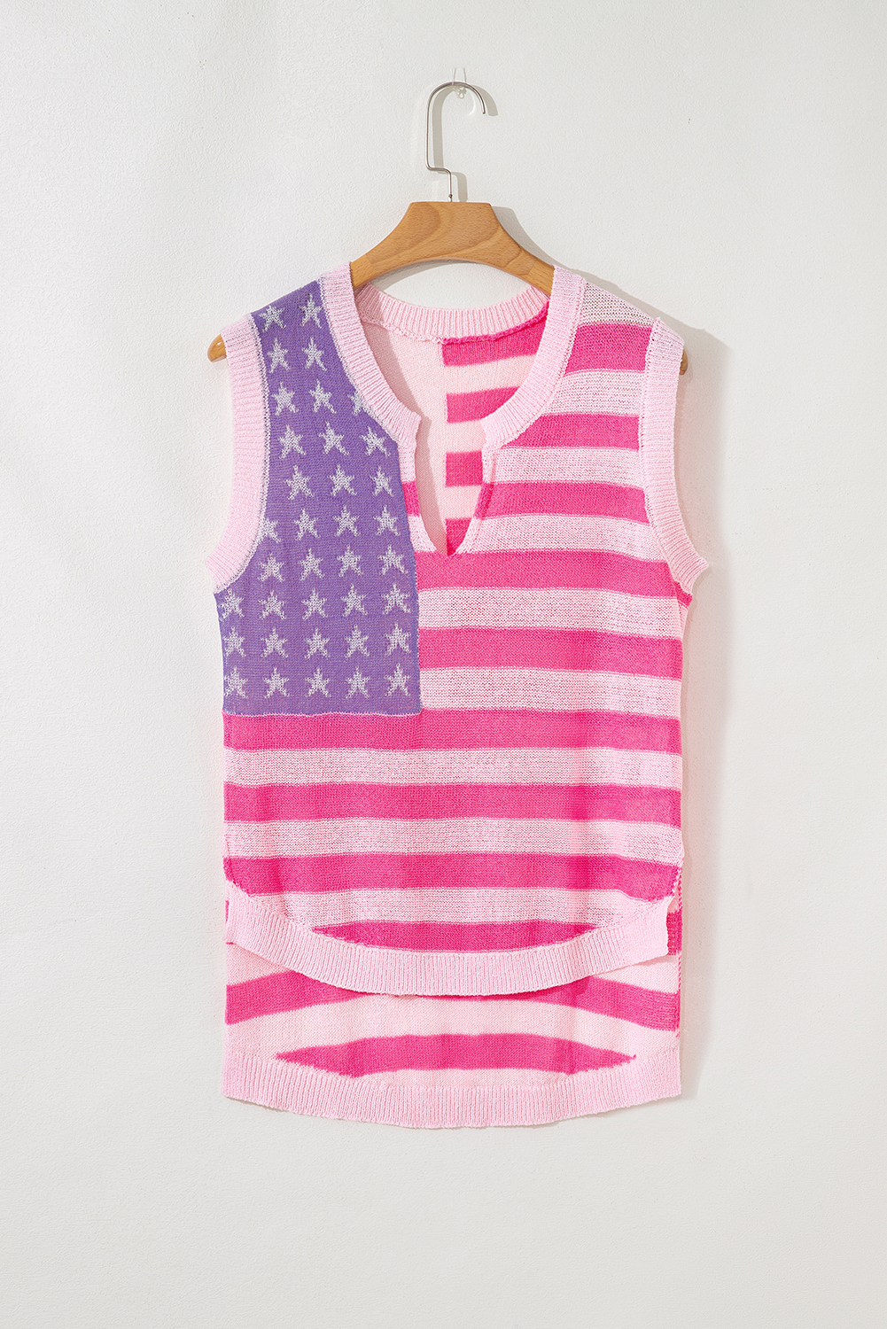 Beige USA Flag Notched Neckline Loose Sweater Vest - loveforevers