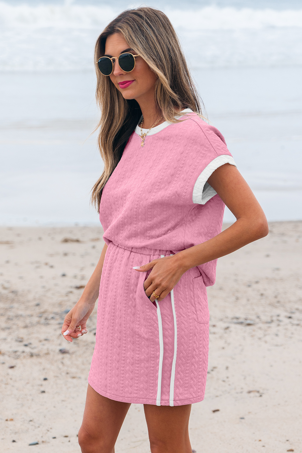 Beau Blue Contrast Trim Textured Crewneck Tee and Pocketed Skirt Set - loveforevers