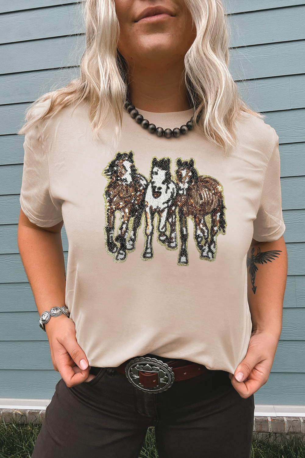 Khaki Sequin Horses Patched Casual Crewneck T Shirt - loveforevers