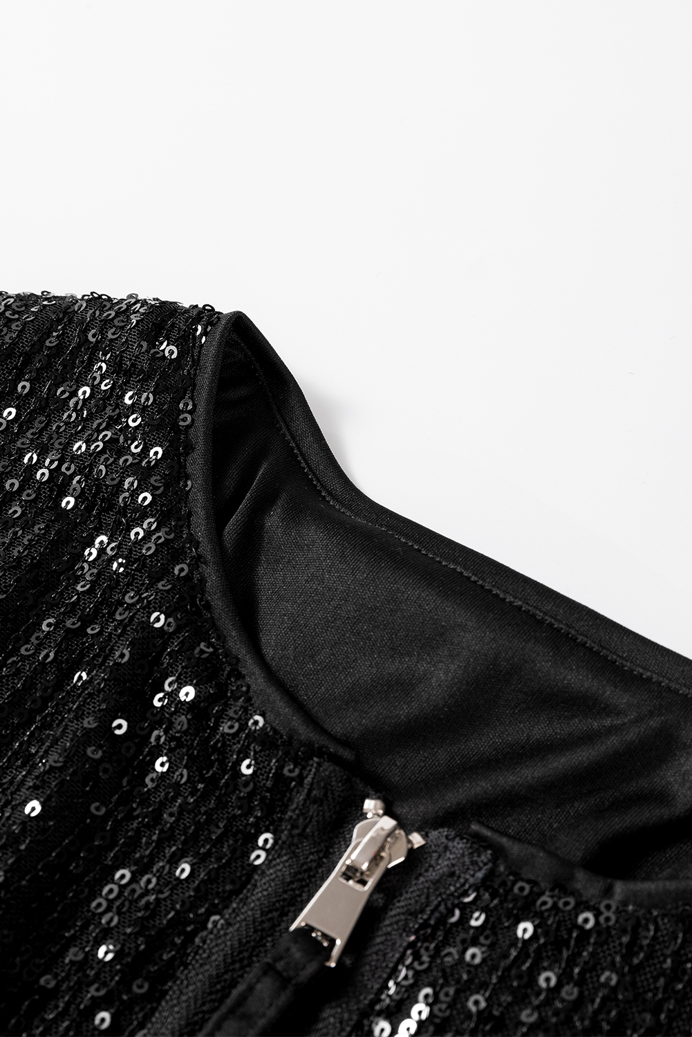 Black Sequin Zip up Round Neck Long Sleeve Jacket - loveforevers