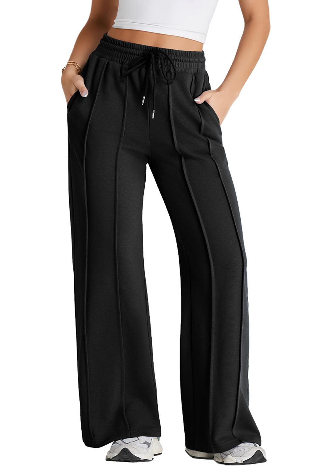 Black Seamed Drawstring High Waist Wide Leg Sweatpants - loveforevers