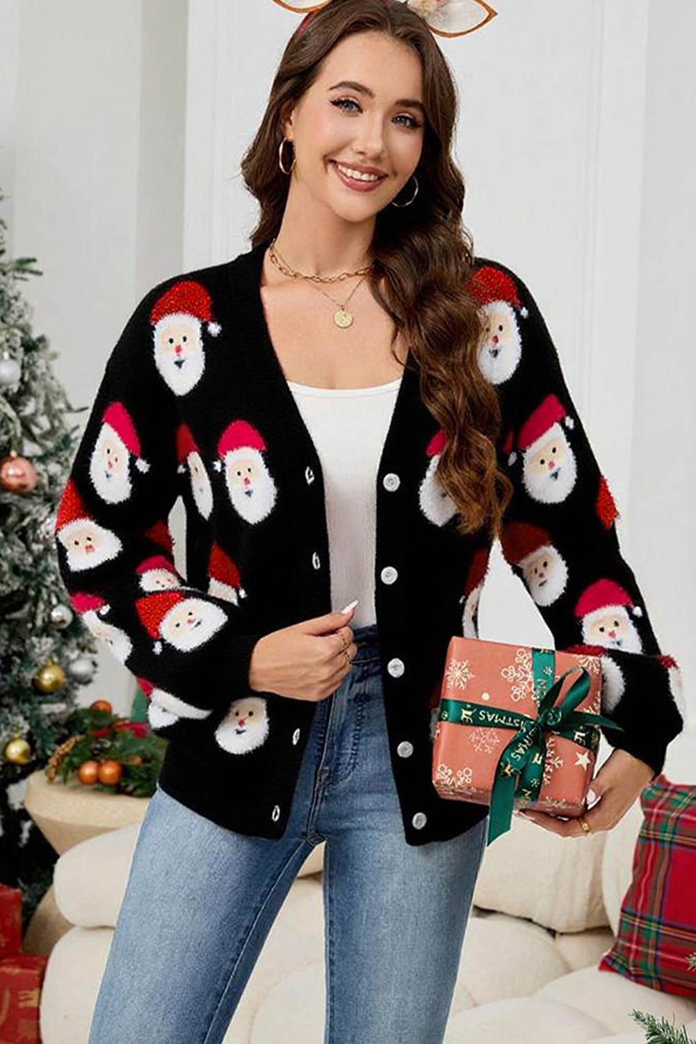 Black Christmas Santa Claus Pattern Button V Neck Sweater Cardigan - loveforevers
