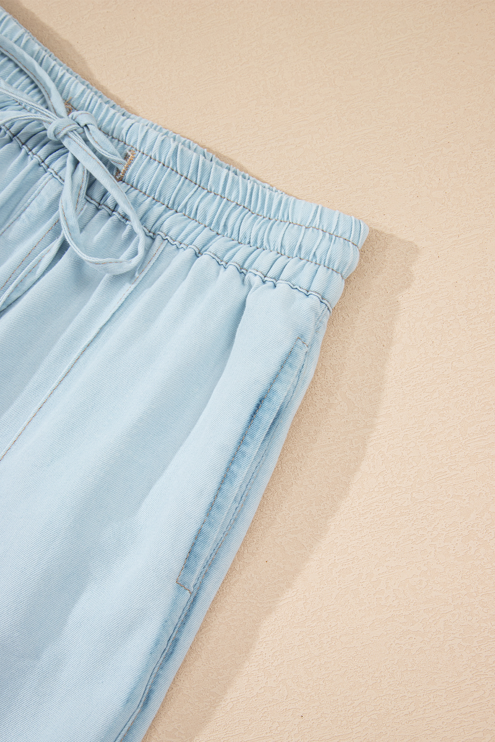 Beau Blue Light Wash Contrast Trim Center Seam Drawstring Elastic Waistband Wide Leg Denim Pants - loveforevers