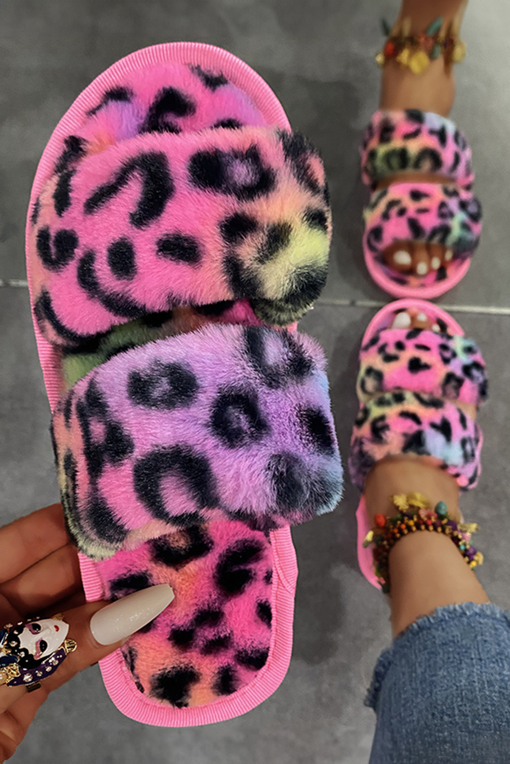 Rose Red Bold Plush Leopard Double Band Flat Slippers - loveforevers
