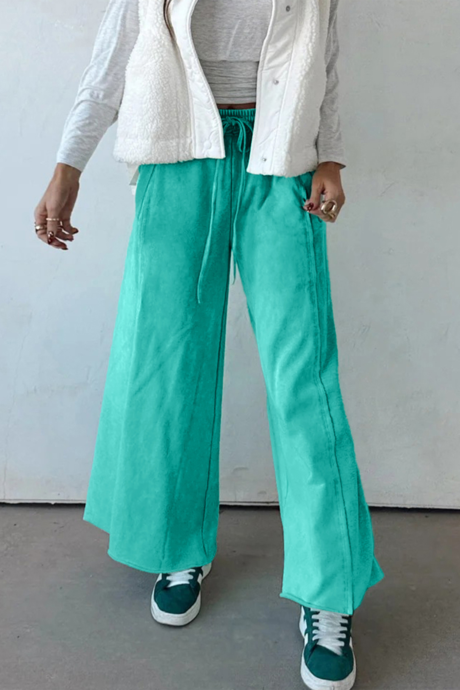 Sea Green Mineral Wash Drawstring Elastic Waist Raw Hem Loose Pants - loveforevers