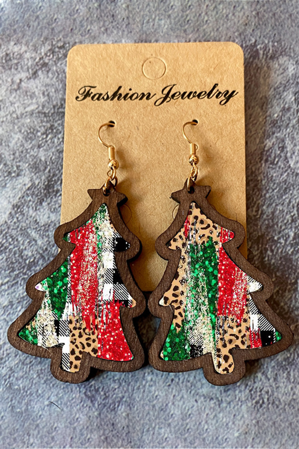 Red Shade Of Leopard Plaid Christmas Tree Earrings - loveforevers