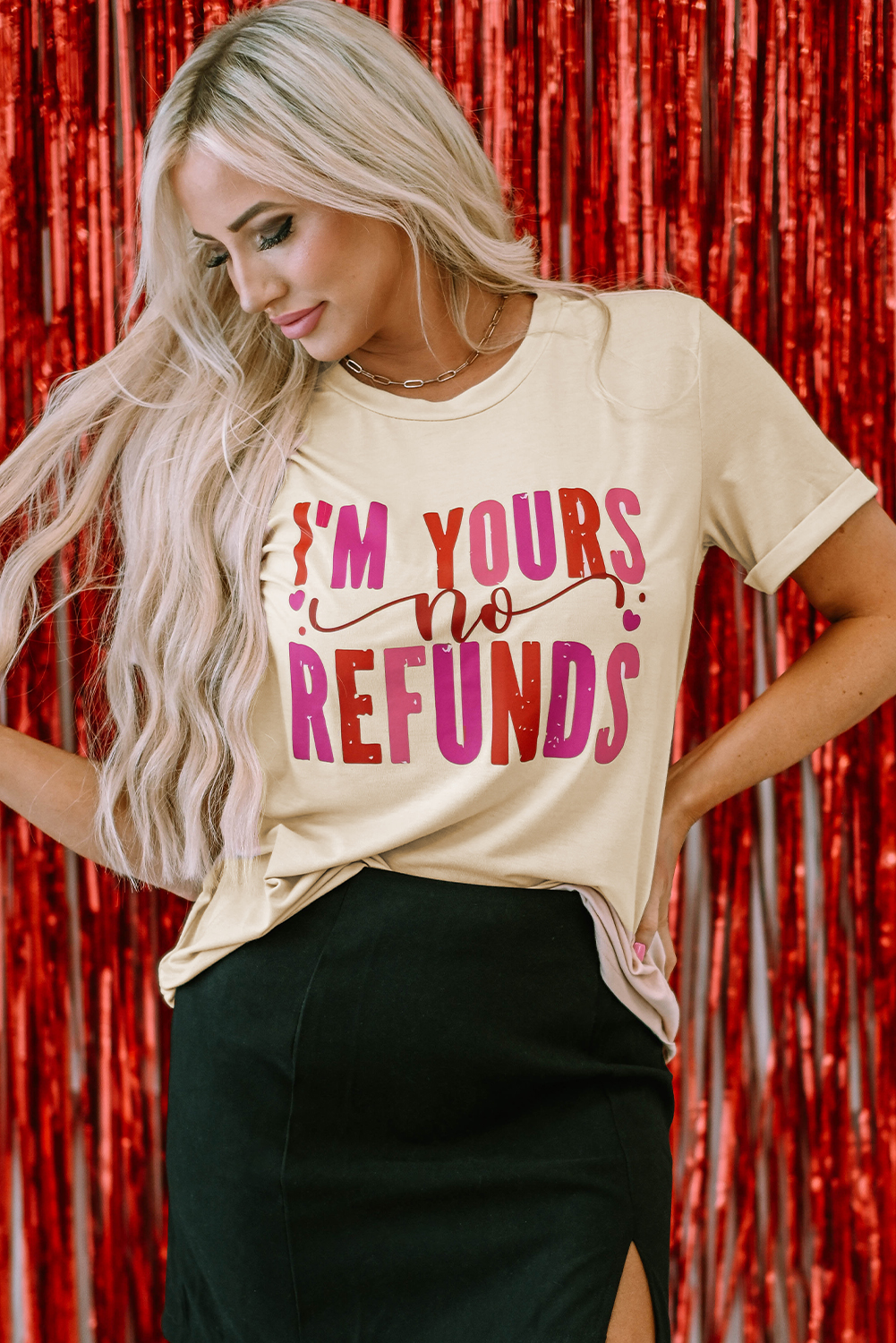 Khaki I'm Yours No Refunds Crew Neck Graphic Tee - loveforevers