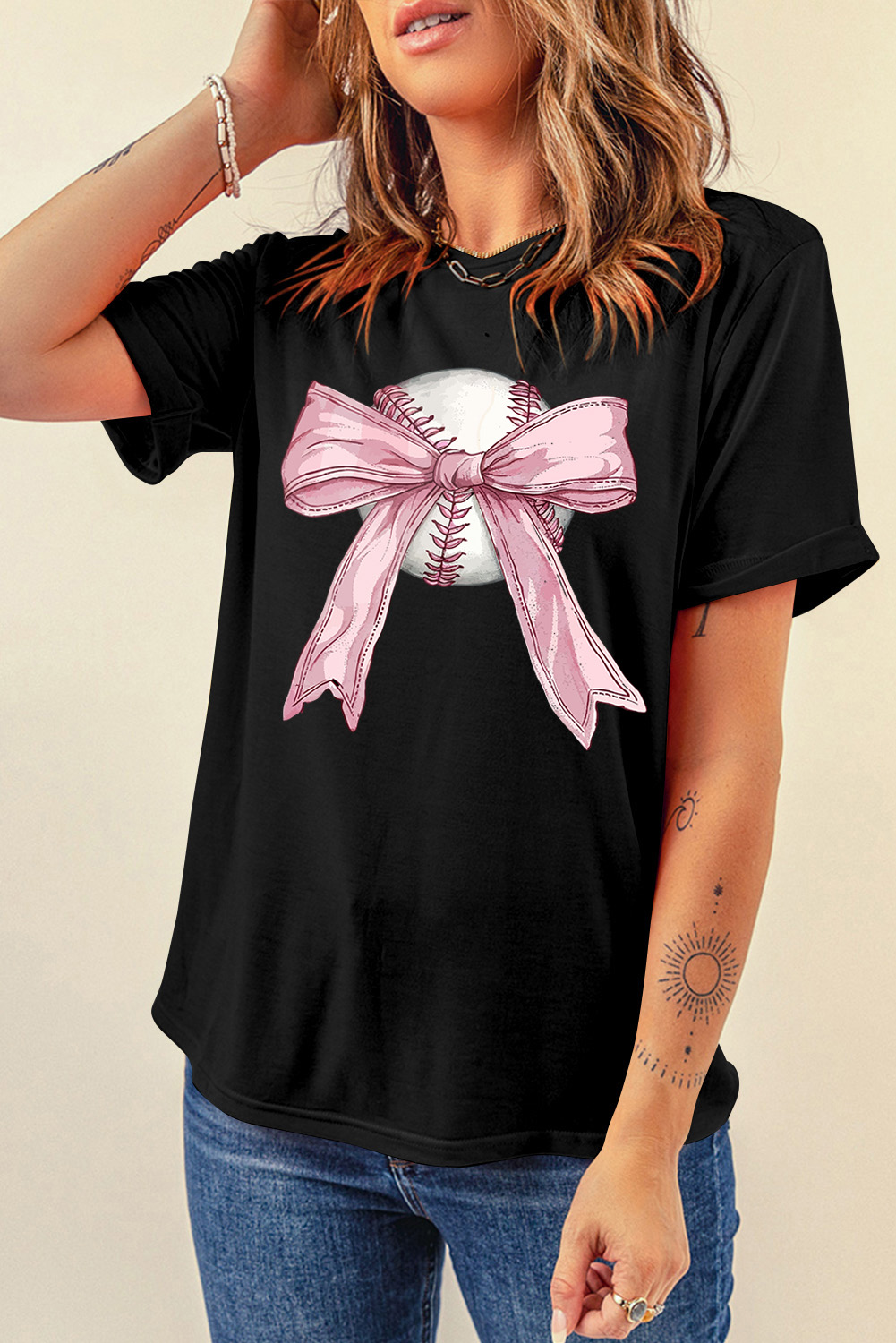 Black Baseball Bow Knot Print Round Neck T Shirt - loveforevers