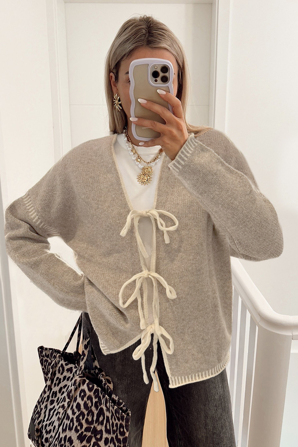 Pale Khaki Tied Front Drop Shoulder Chunky Casual Cardigan - loveforevers