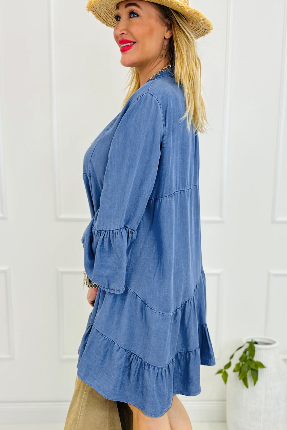 Sky Blue Chambray Ruffled 3/4 Sleeve Tiered Split V Neck Mini Dress - loveforevers