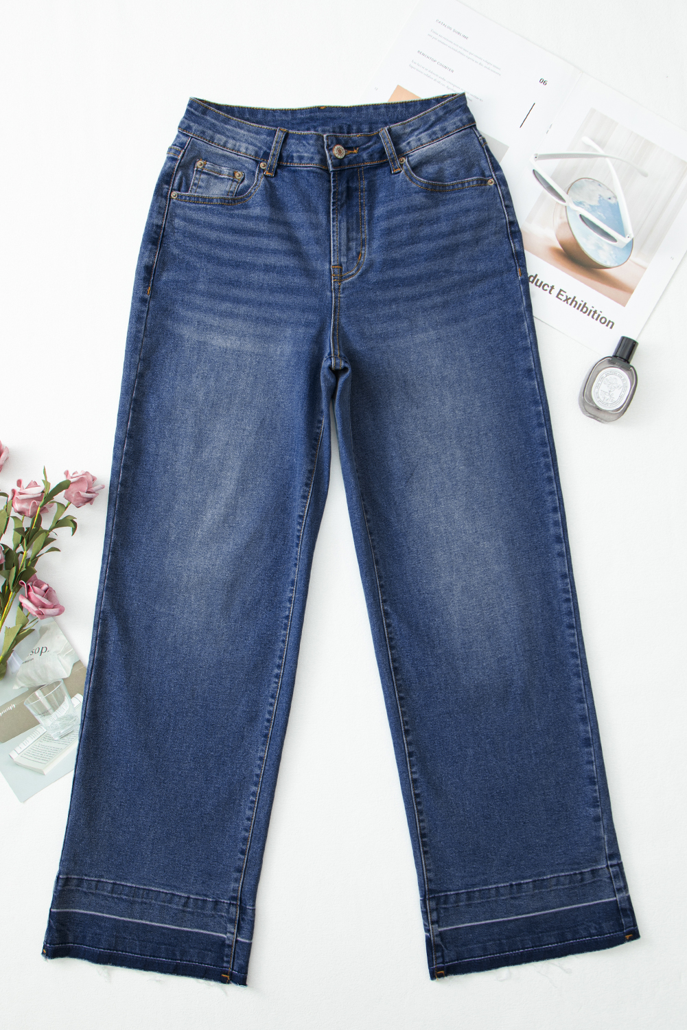 Real Teal Raw Hem Unique Cuffs Straight High Rise Loose Jeans - loveforevers