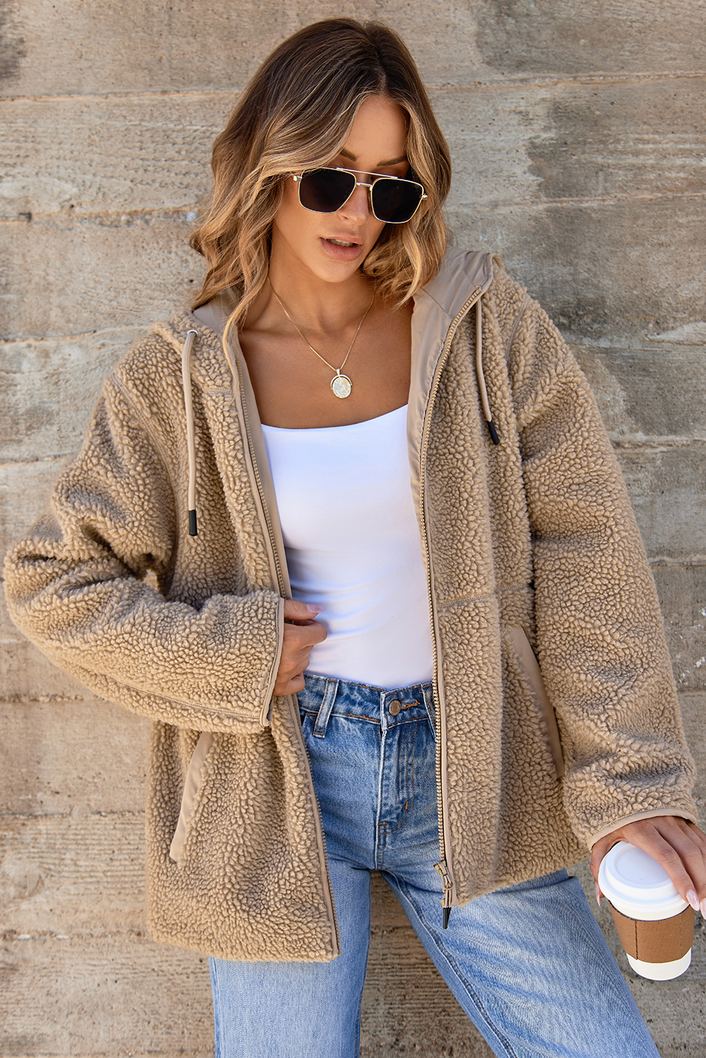 Pale Khaki Fleece Zip Up Drawstring Hooded Pocketed Jacket - loveforevers