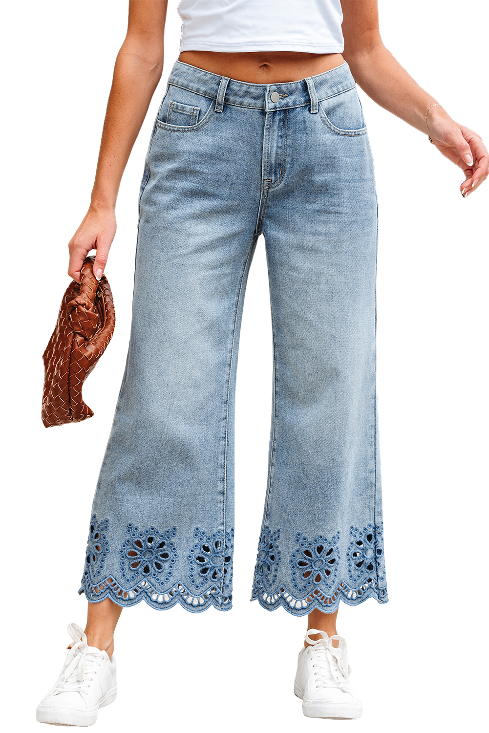 Dusk Blue Embroidered Cropped Wide Leg High Waist Jeans - loveforevers