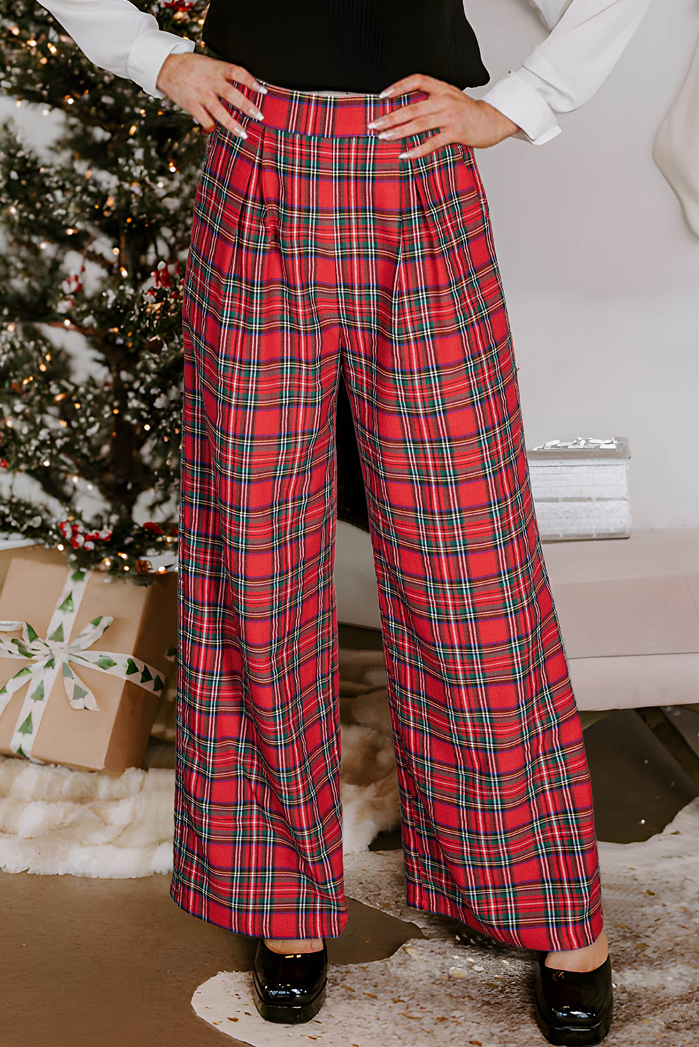 Red Festive Plaid Wide Leg Pull On Pants - loveforevers