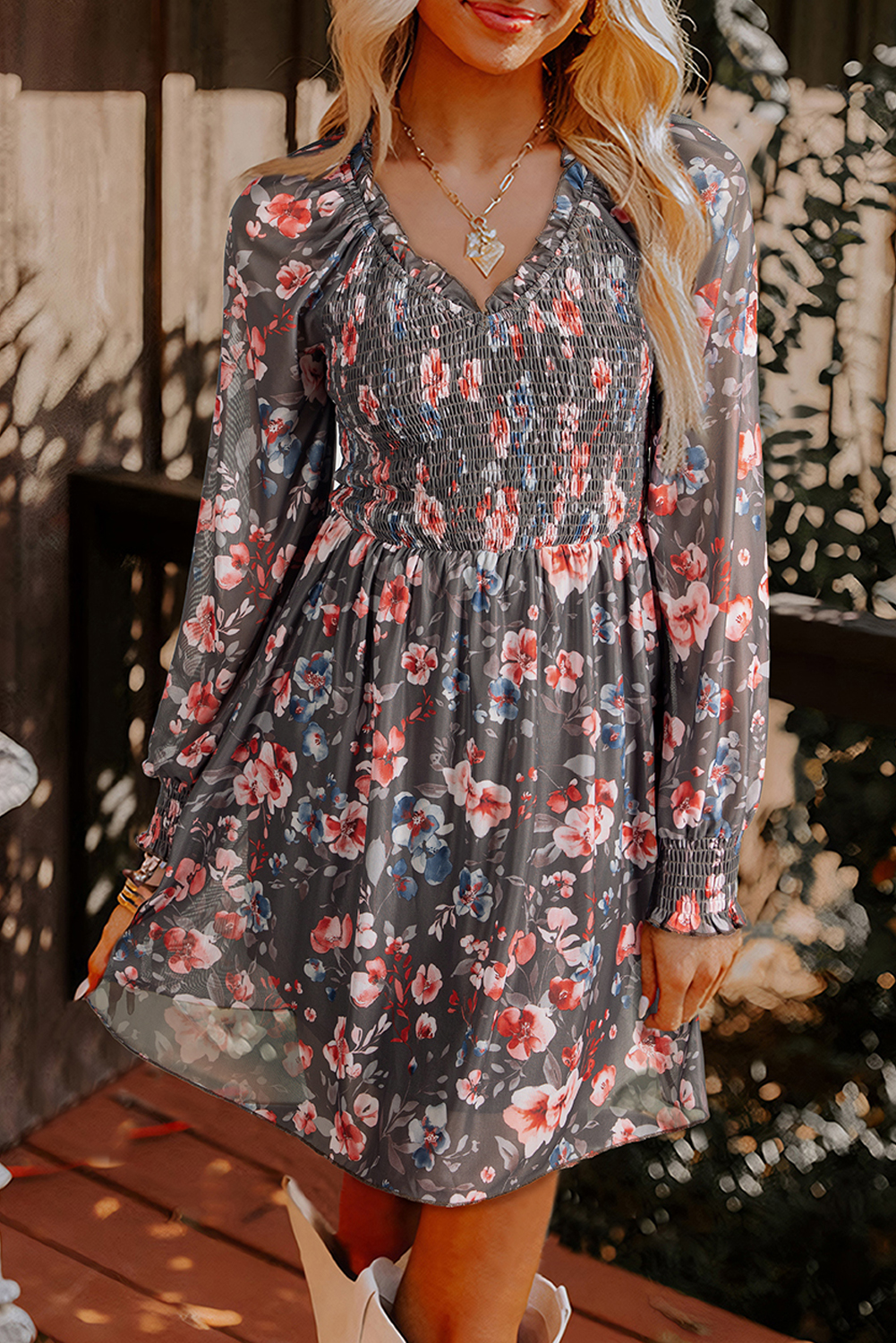 Brown Frilly Smocked Bodice Floral Mesh Long Sleeve Mini Dress - loveforevers