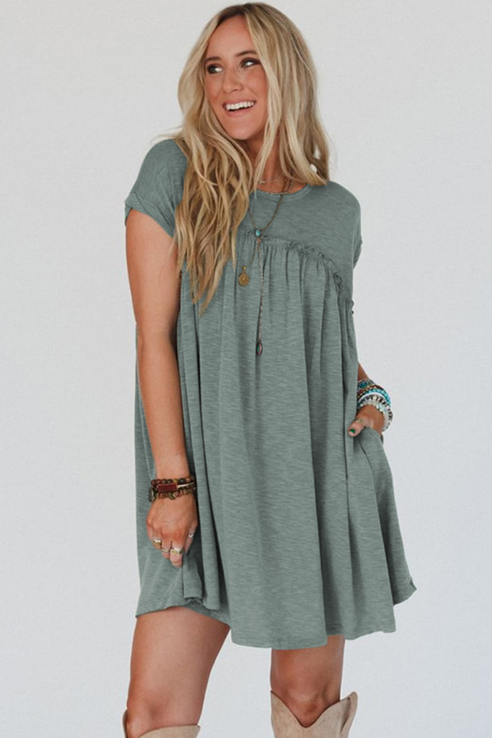 Mist Green Frilled Gathered Seam Round Neck T Shirt Dress - loveforevers