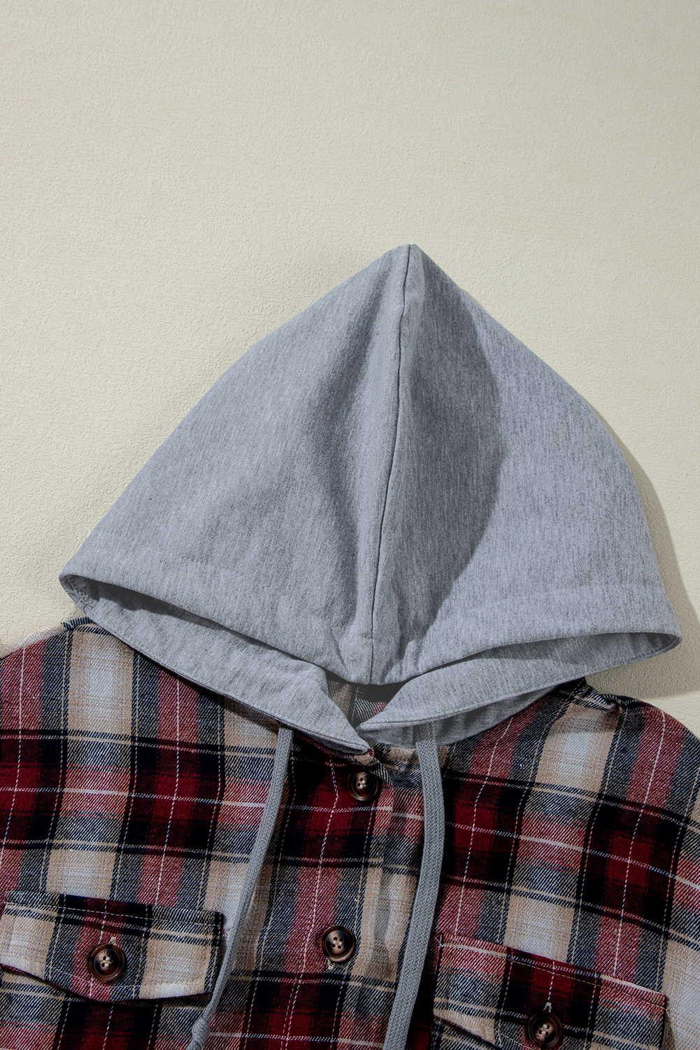 Red Plaid Print Chest Pocket Buttoned Hooded Shacket - loveforevers