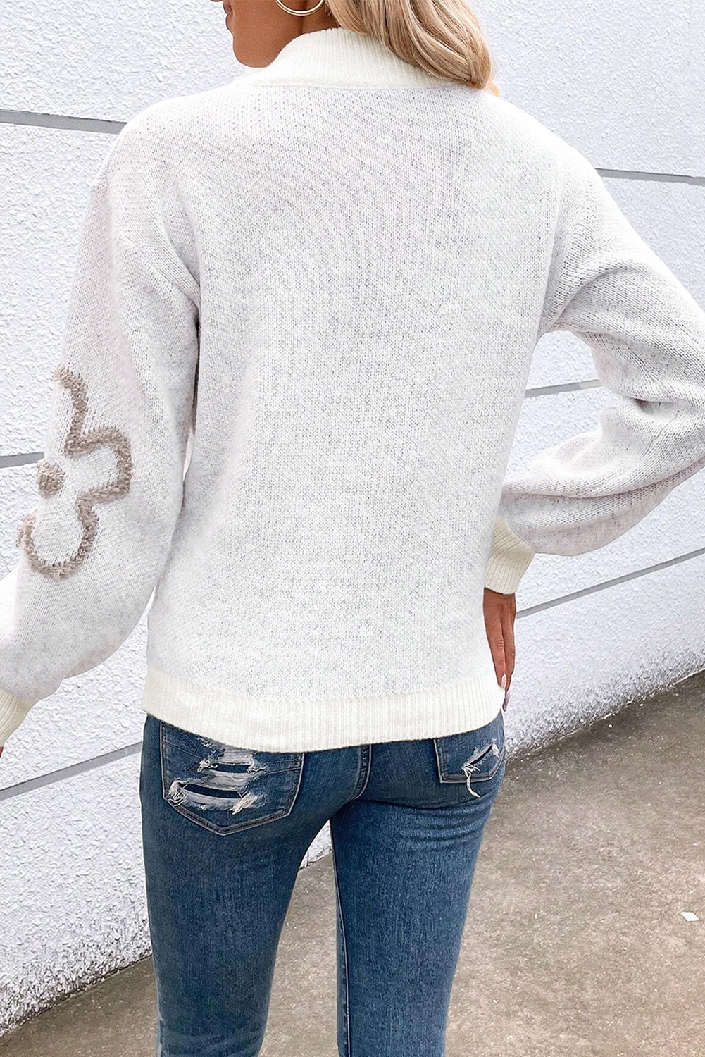 Parchment Contrast Flower Half Zipper Stand Neck Sweater - loveforevers