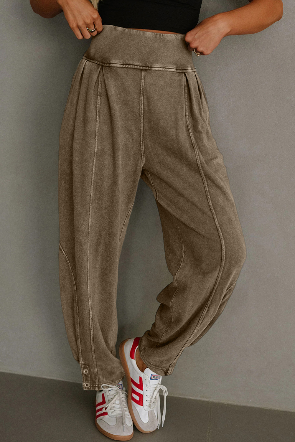 Medium Grey Mineral Wash Jogger Style High Waist Casual Pants - loveforevers
