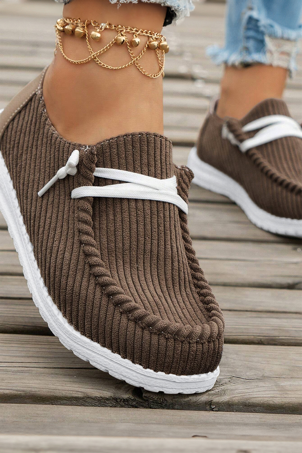 Coffee Solid Ribbed Criss Cross Slip On Casual Shoes - loveforevers
