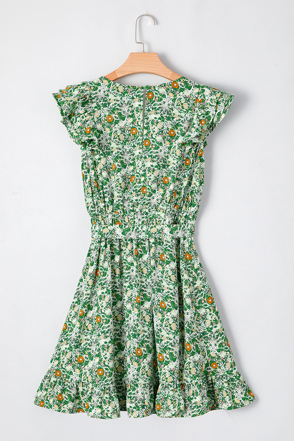 Green Flower Print Flutter Sleeve V Neck Sashed Ruffled Mini Dress - loveforevers