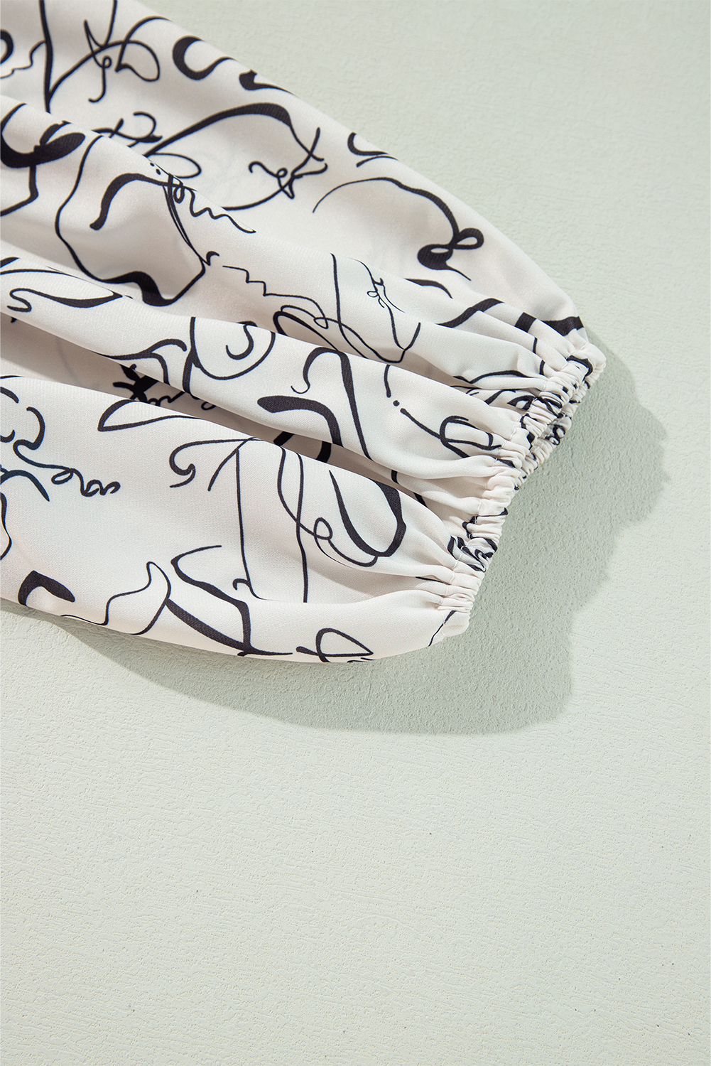 Beige Abstract Print Balloon Sleeve Crew Neck Blouse - loveforevers