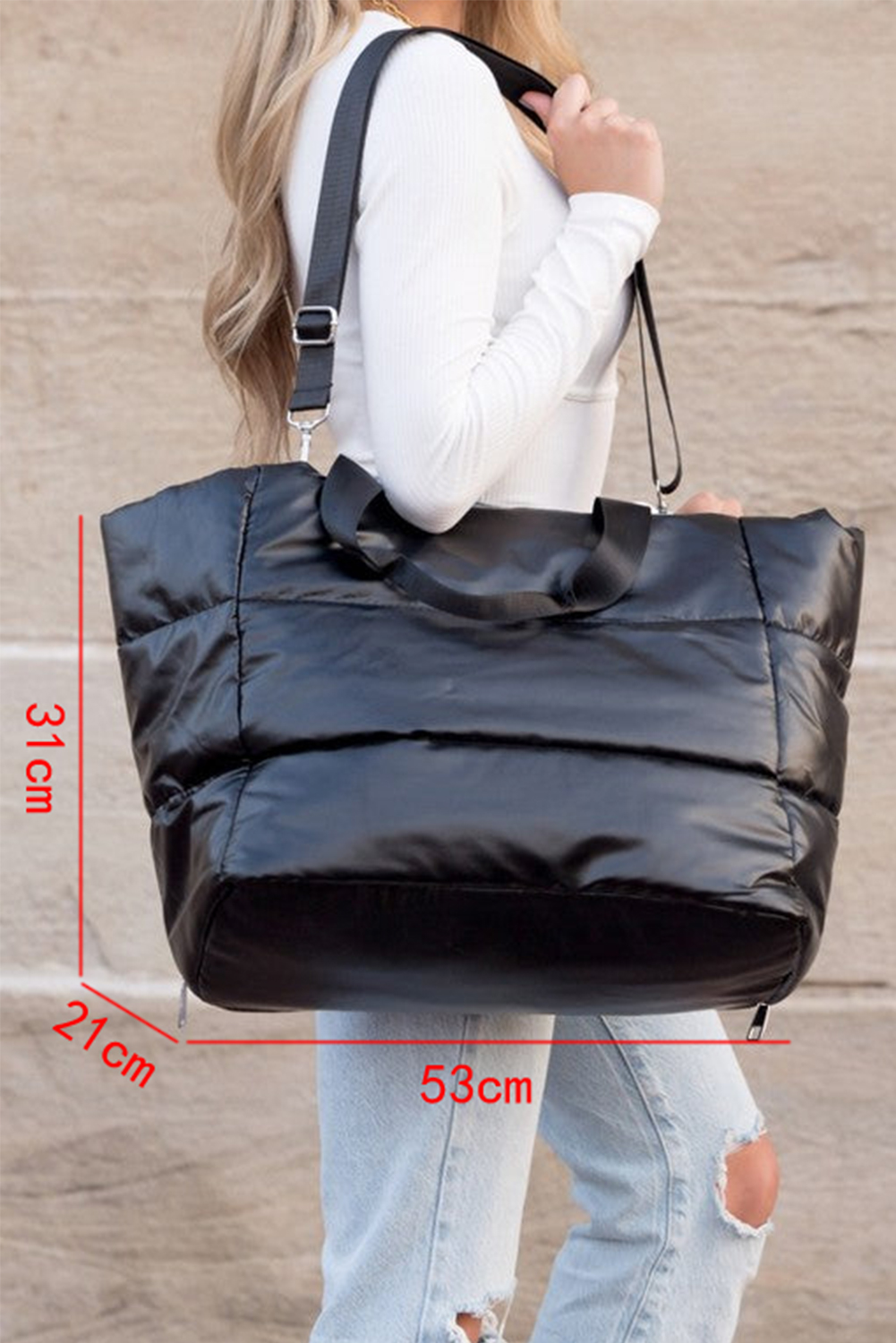Black Solid Zipper Puffer Large Tote Bag - loveforevers
