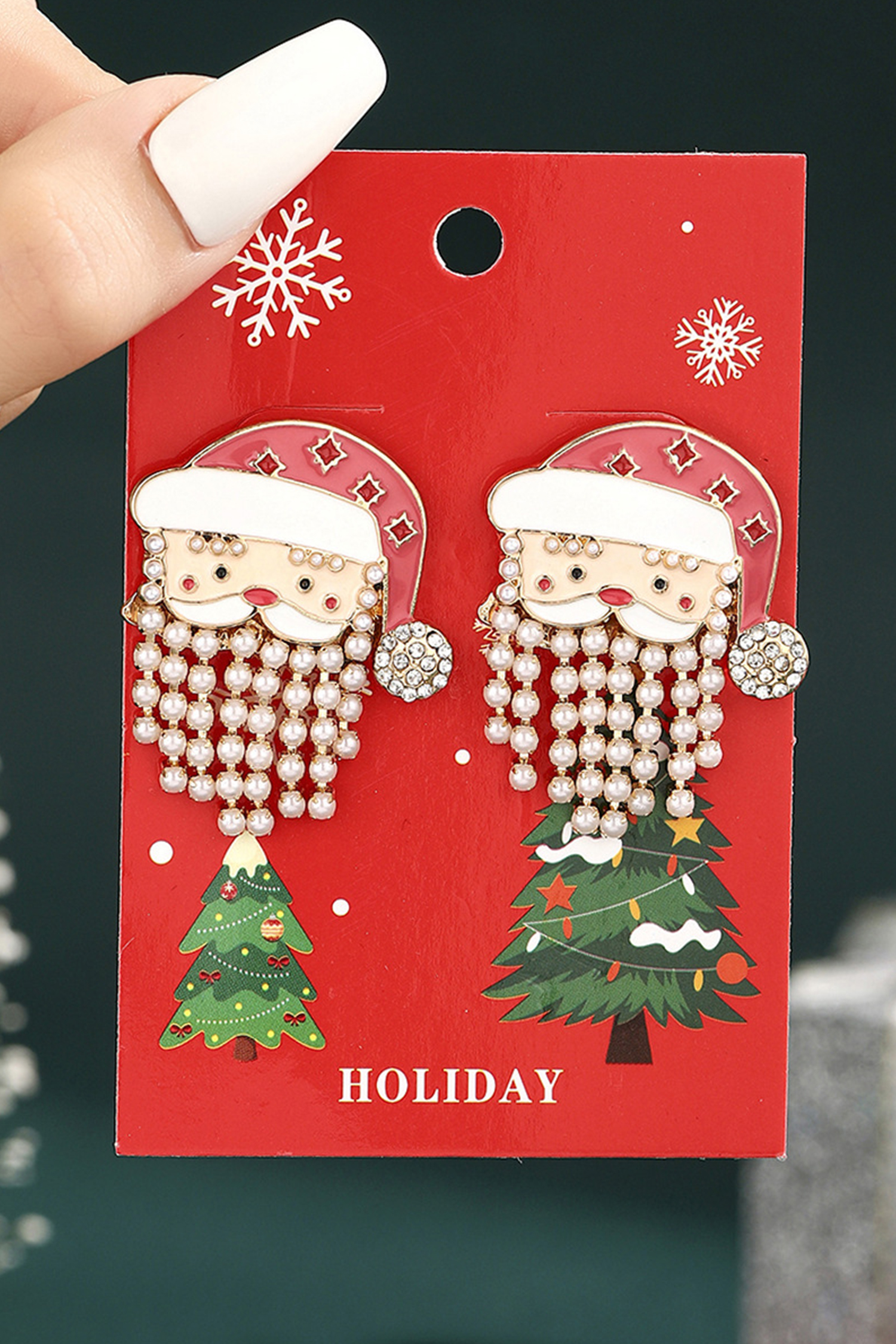 Fiery Red Pearl Beard Rhinestone Embellished Santa Claus Earrings - loveforevers