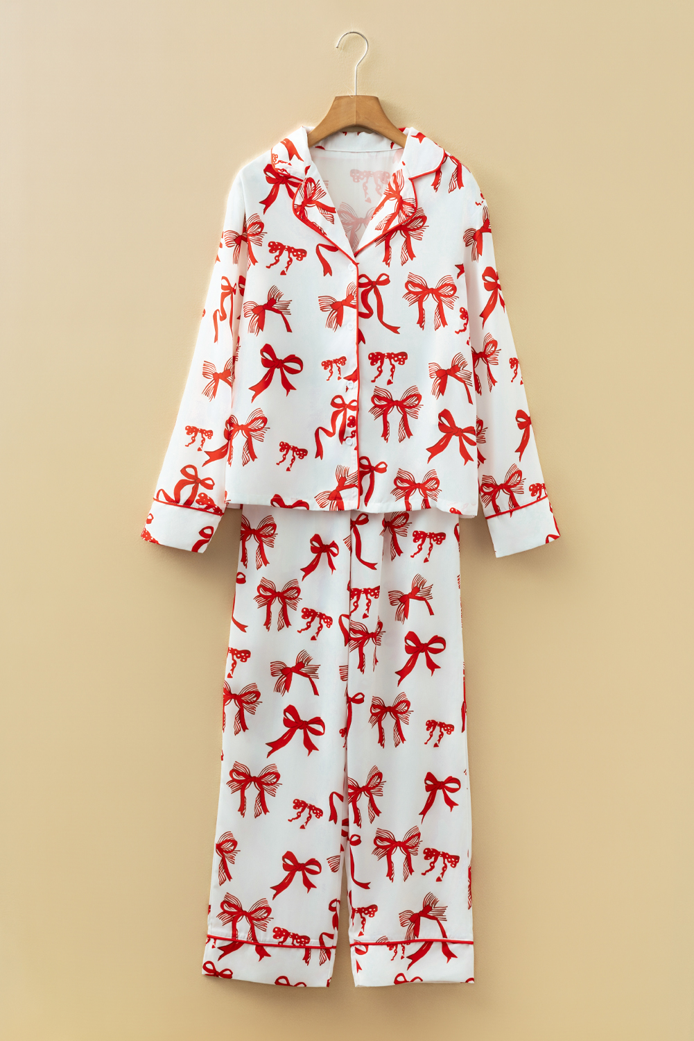 Red Christmas Bow Print Long 2pcs Pajama Set - loveforevers