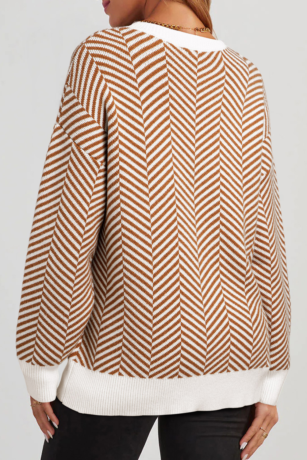 Coffee Contrast Edge Crew Neck Drop Shoulder Sweater - loveforevers