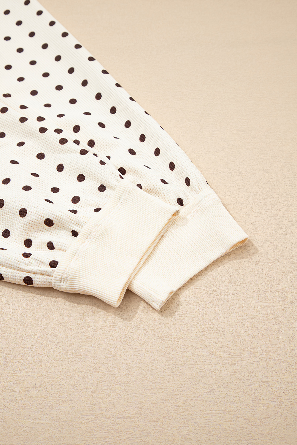 White Polka Dot Print Notched Neck Long Sleeve Top Drawstring Jogger Pants Waffle Knit Lounge Set - loveforevers