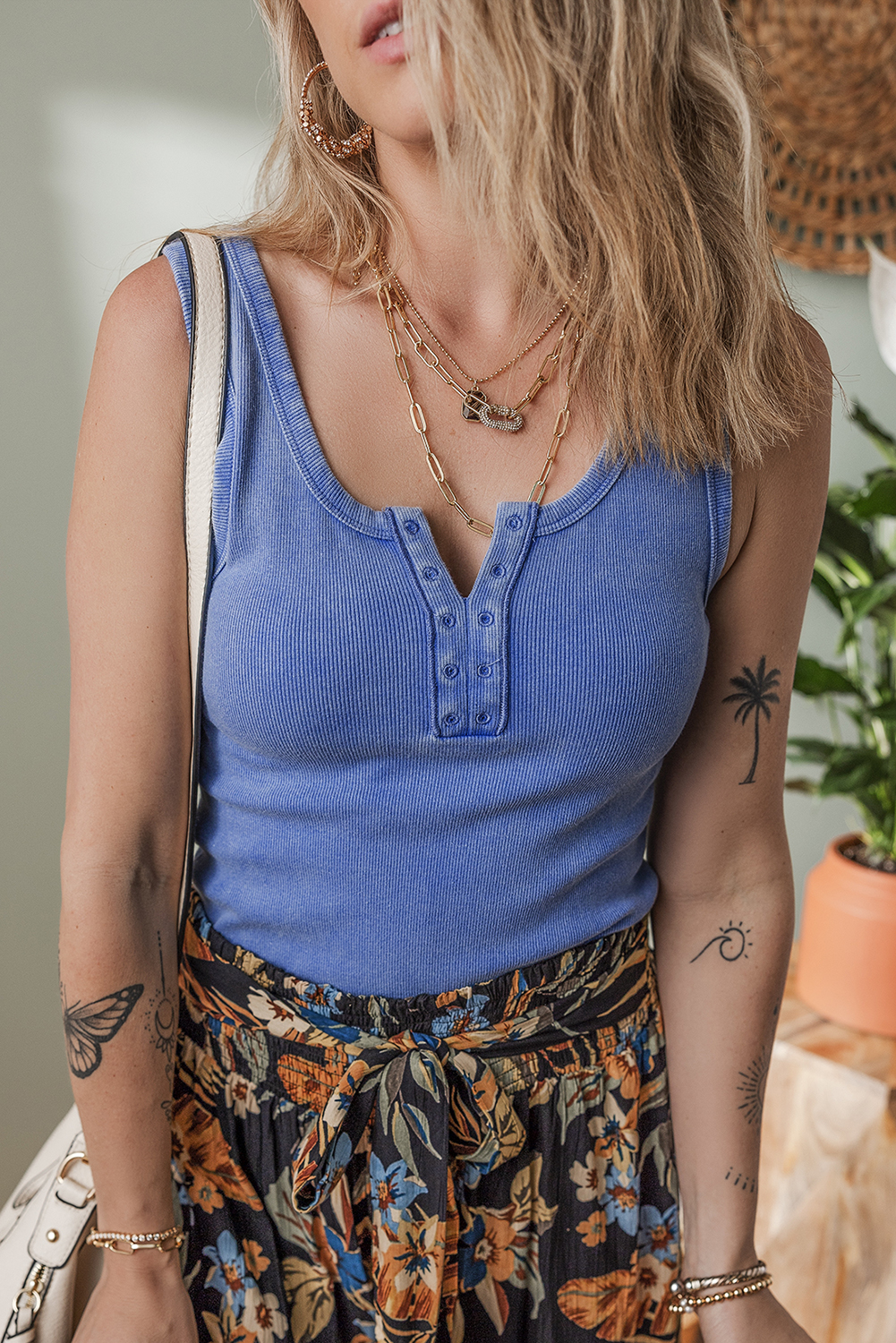 Sky Blue Mineral Wash Ribbed Notch Neck Tank Top - loveforevers