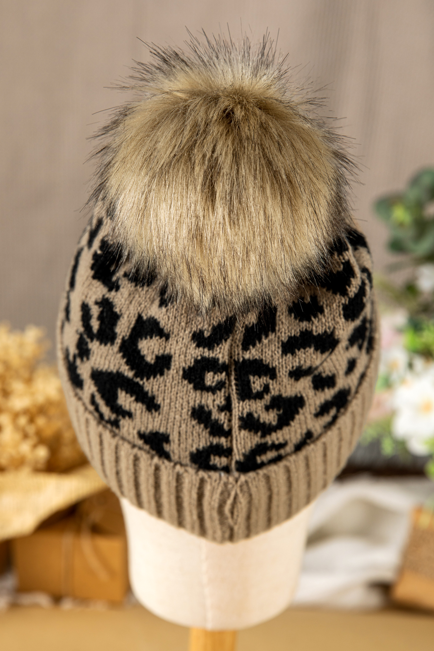 Light French Beige Faux Fur Pompom Leopard Knit Beanie - loveforevers
